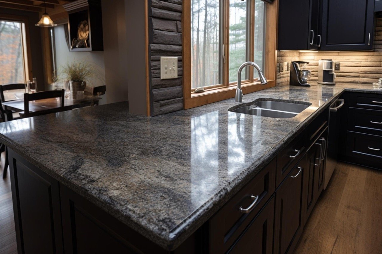 Blue-gray granite kitchen island in a log cabin kitchen