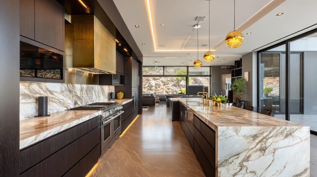 Modern kitchen with backlit stone backsplash and waterfall island
