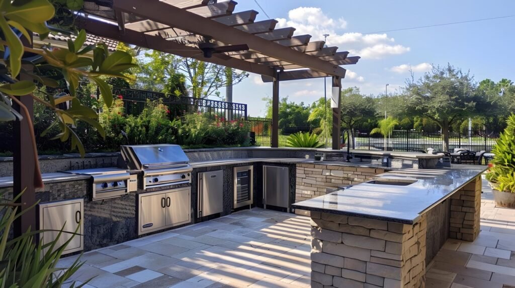 Outdoor kitchen with stone countertops, grill station and pergola