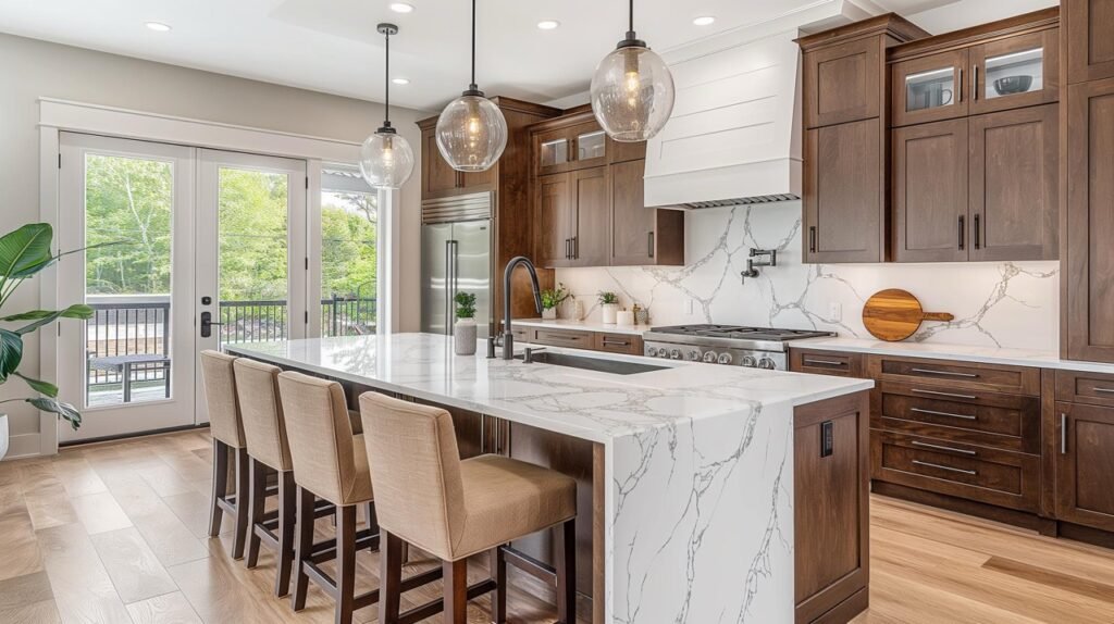 Calacatta quartz island with wood cabinetry and pendant lighting