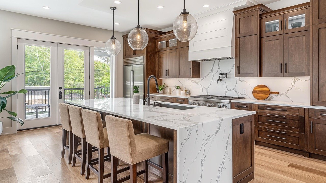 Calacatta quartz island with wood cabinetry and pendant lighting