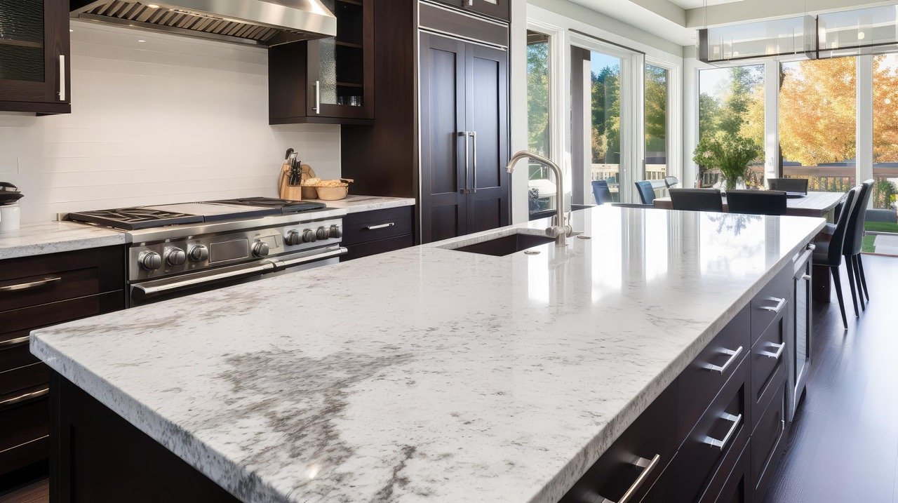 White marble-look island with dark cabinetry and large windows