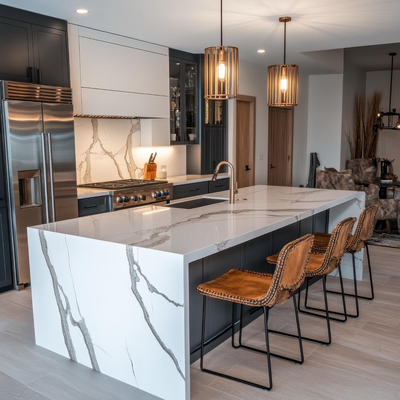 White marble kitchen island with pendant lighting and leather bar stools