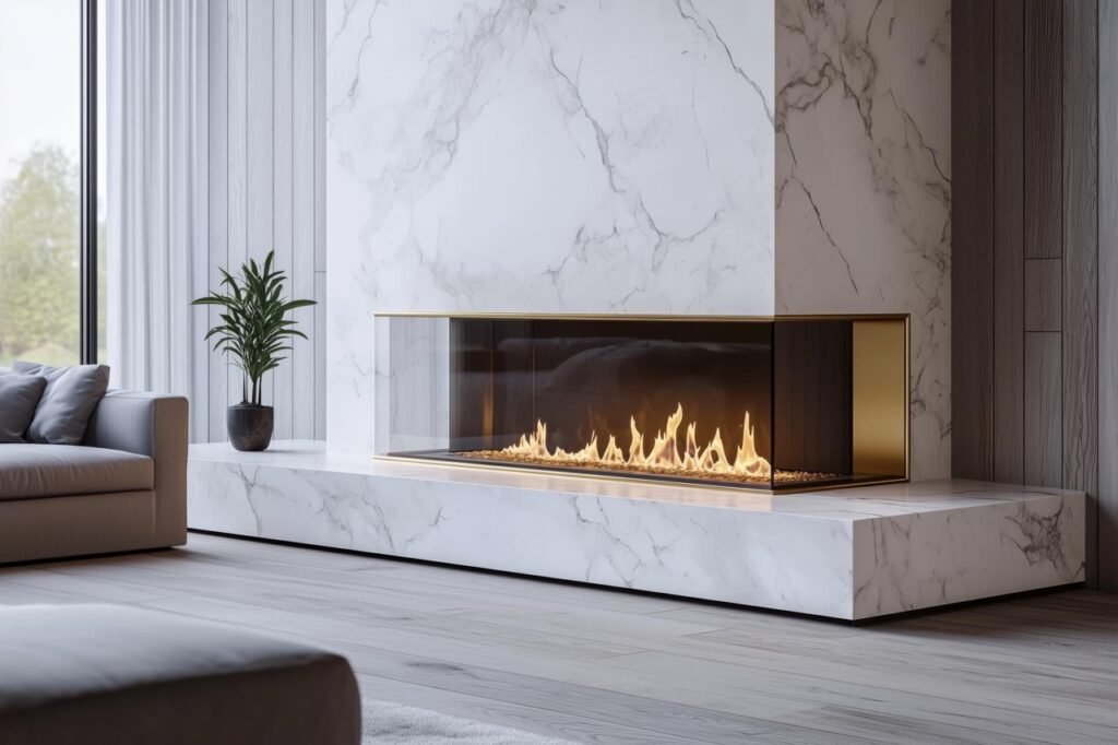 Floor-to-ceiling marble fireplace surround with a linear gas fireplace