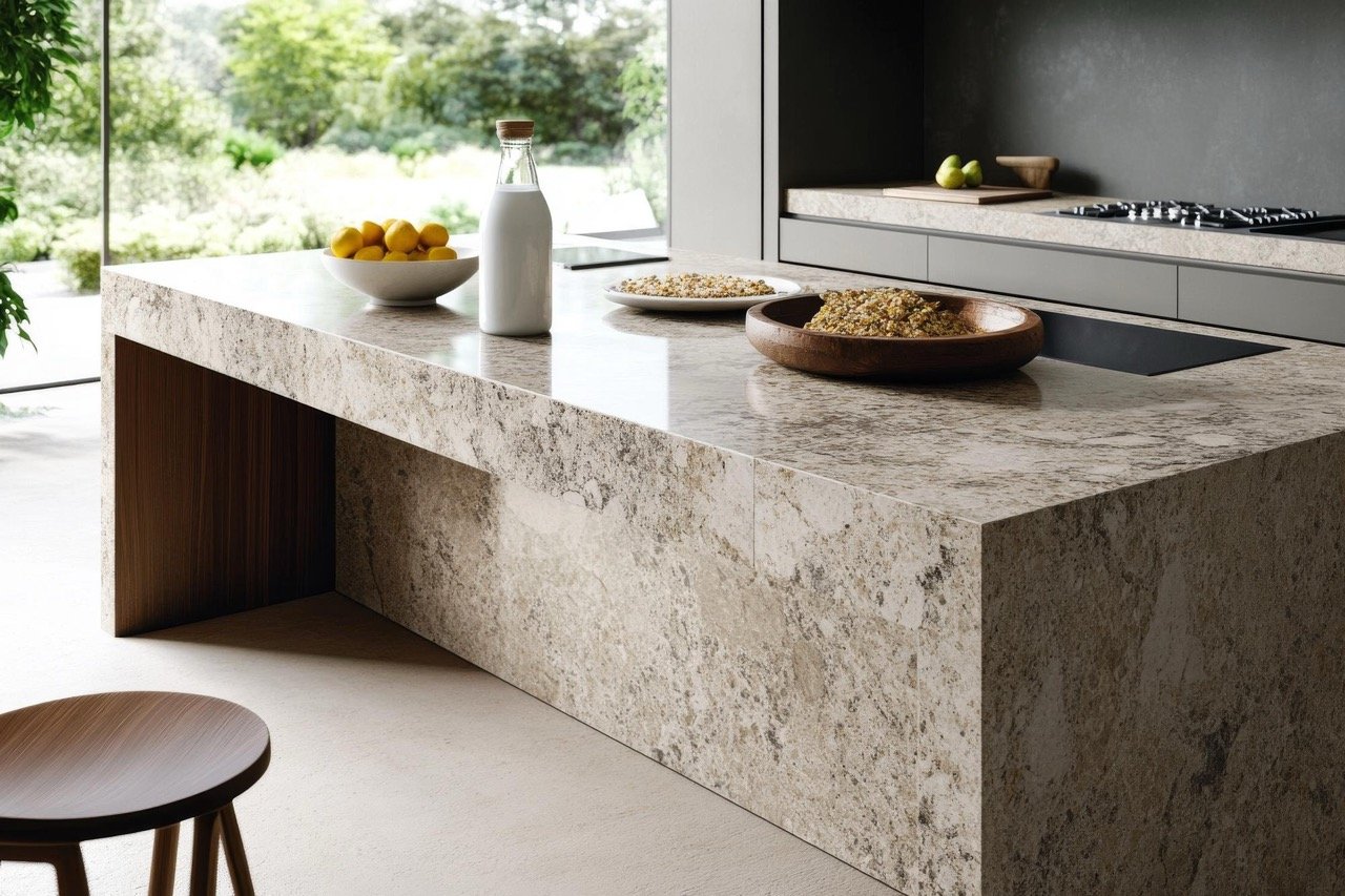 Minimalist kitchen island in a warm travertine-look stone