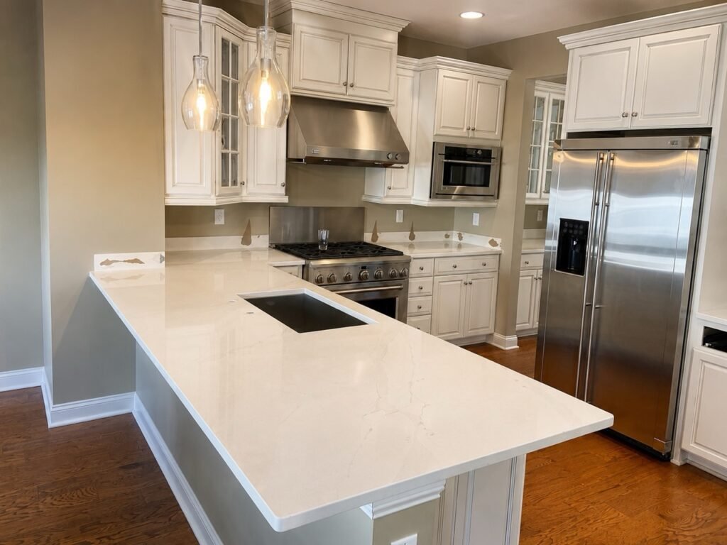 White quartz kitchen peninsula with white cabinetry and stainless appliances