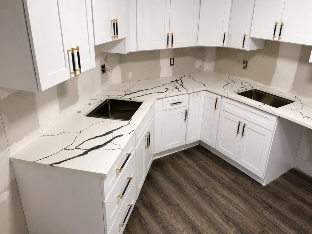 White quartz countertops with dramatic black veining in an L-shaped kitchen