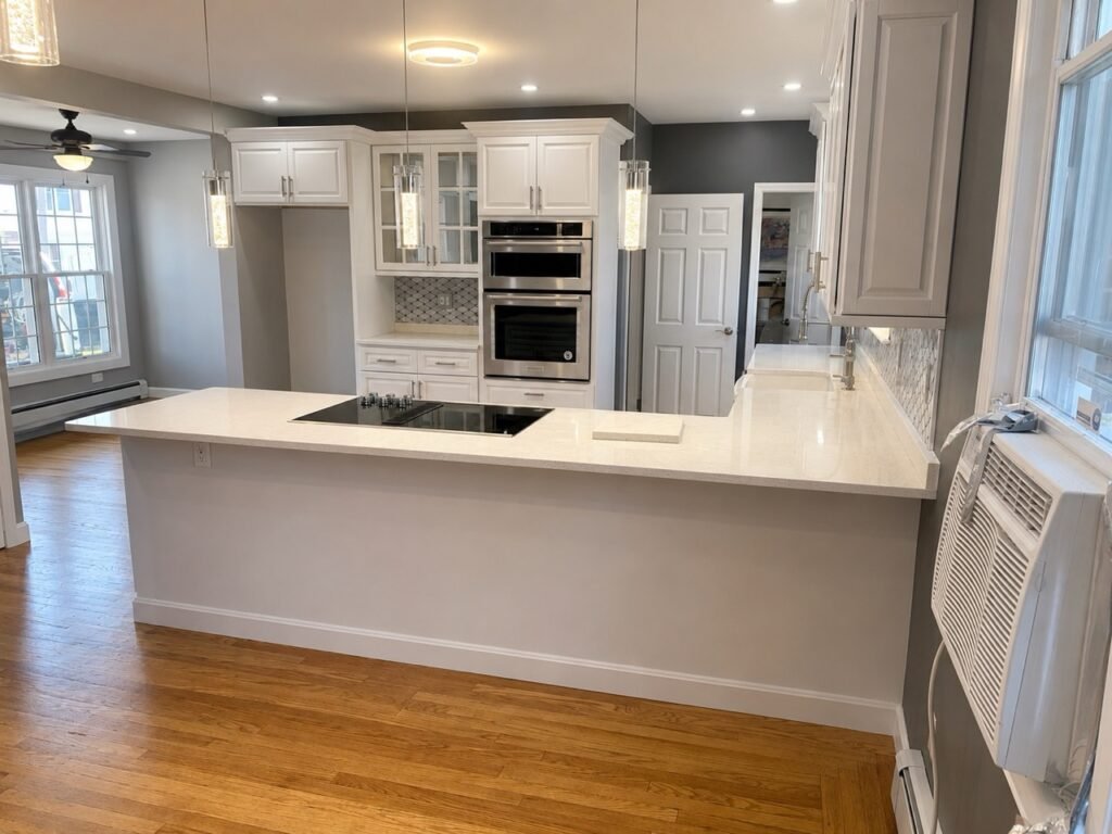 White quartz kitchen peninsula with integrated cooktop