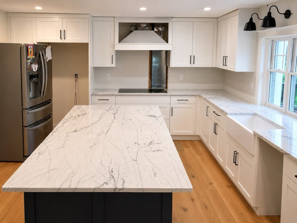 Marble-look quartz island with black base and white shaker cabinets