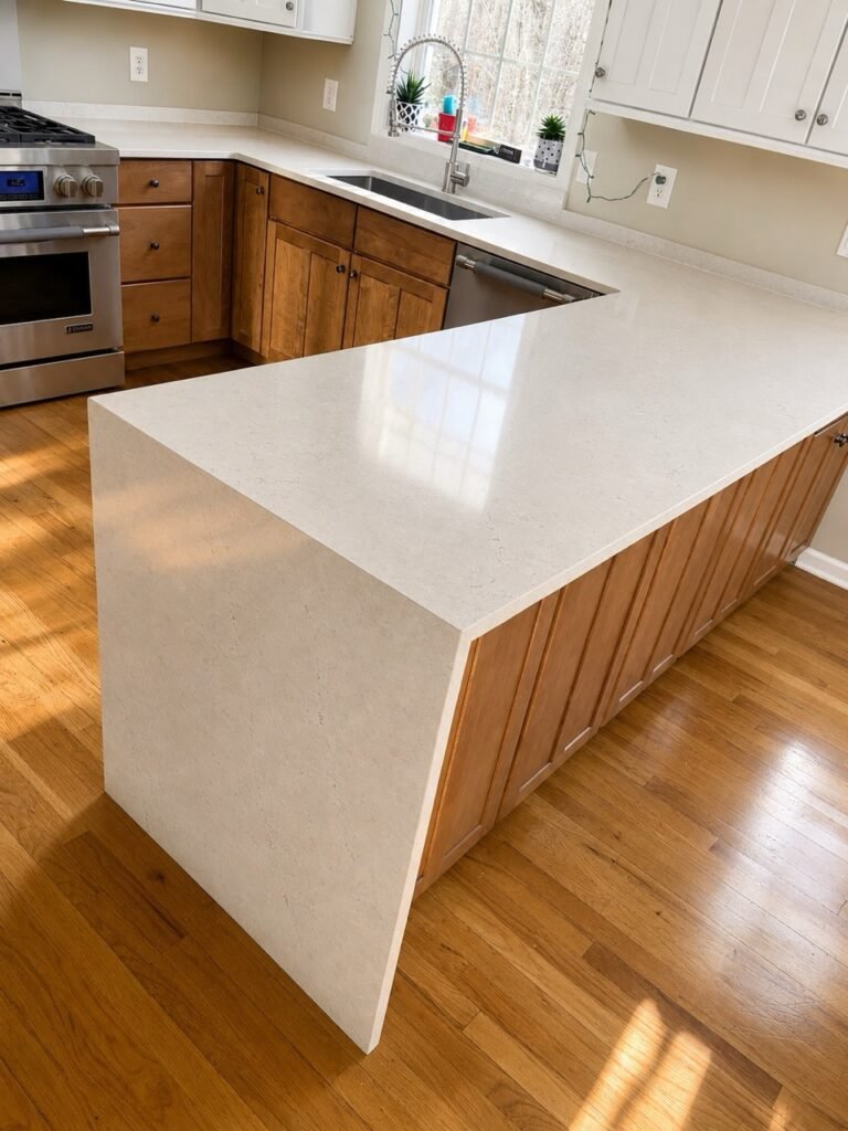White quartz countertop paired with natural wood cabinetry