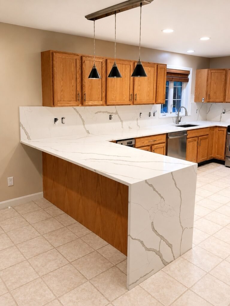 Calacatta quartz peninsula with oak cabinets and pendant lights