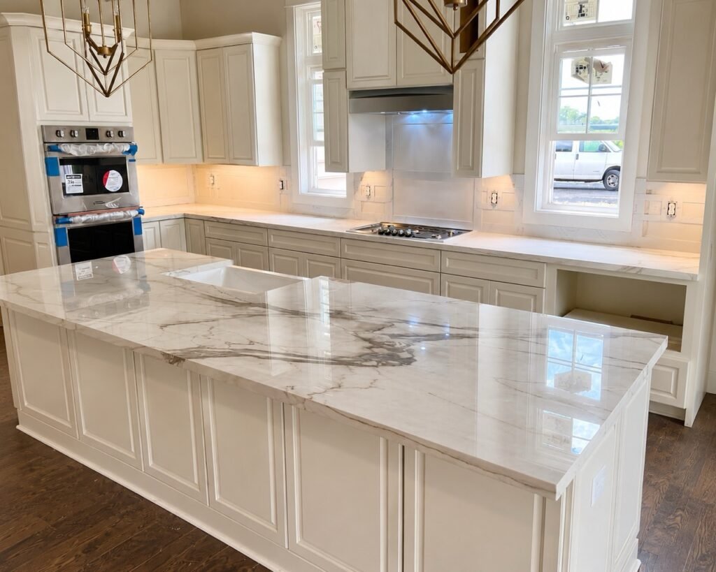 Large calacatta quartz island in a white kitchen