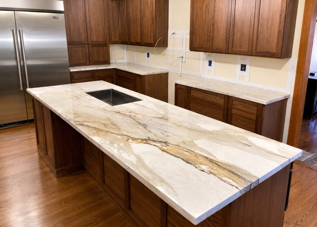 Calacatta gold quartz island with cherry wood cabinetry