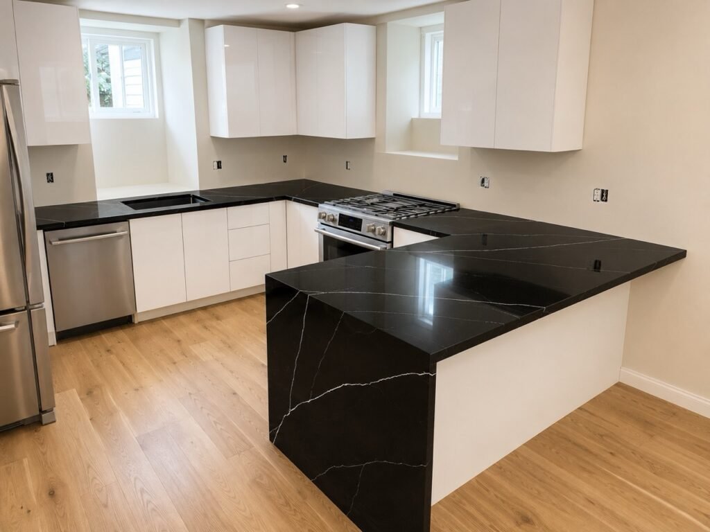 Black quartz countertops with white cabinets and a stainless range