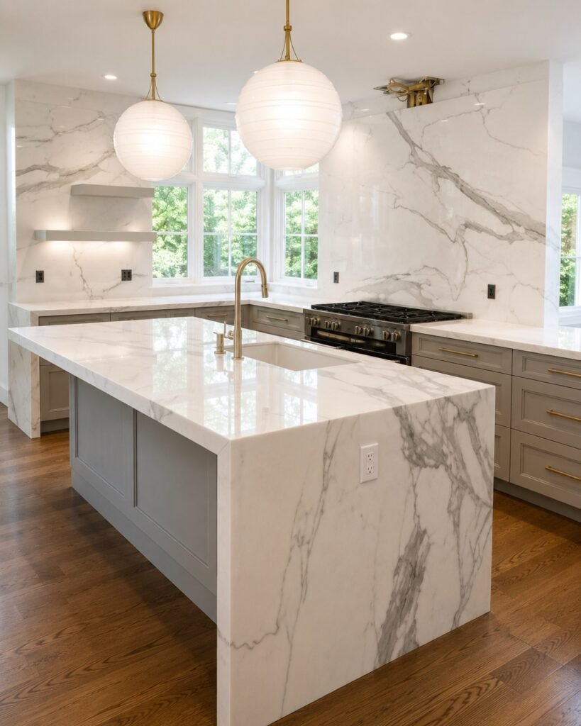 Calacatta quartz island with matching full-height backsplash
