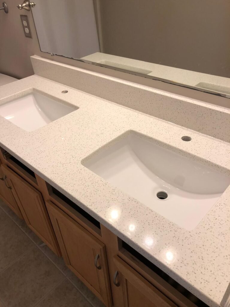 Sparkle white quartz double vanity — Quartz Solution, North Carolina